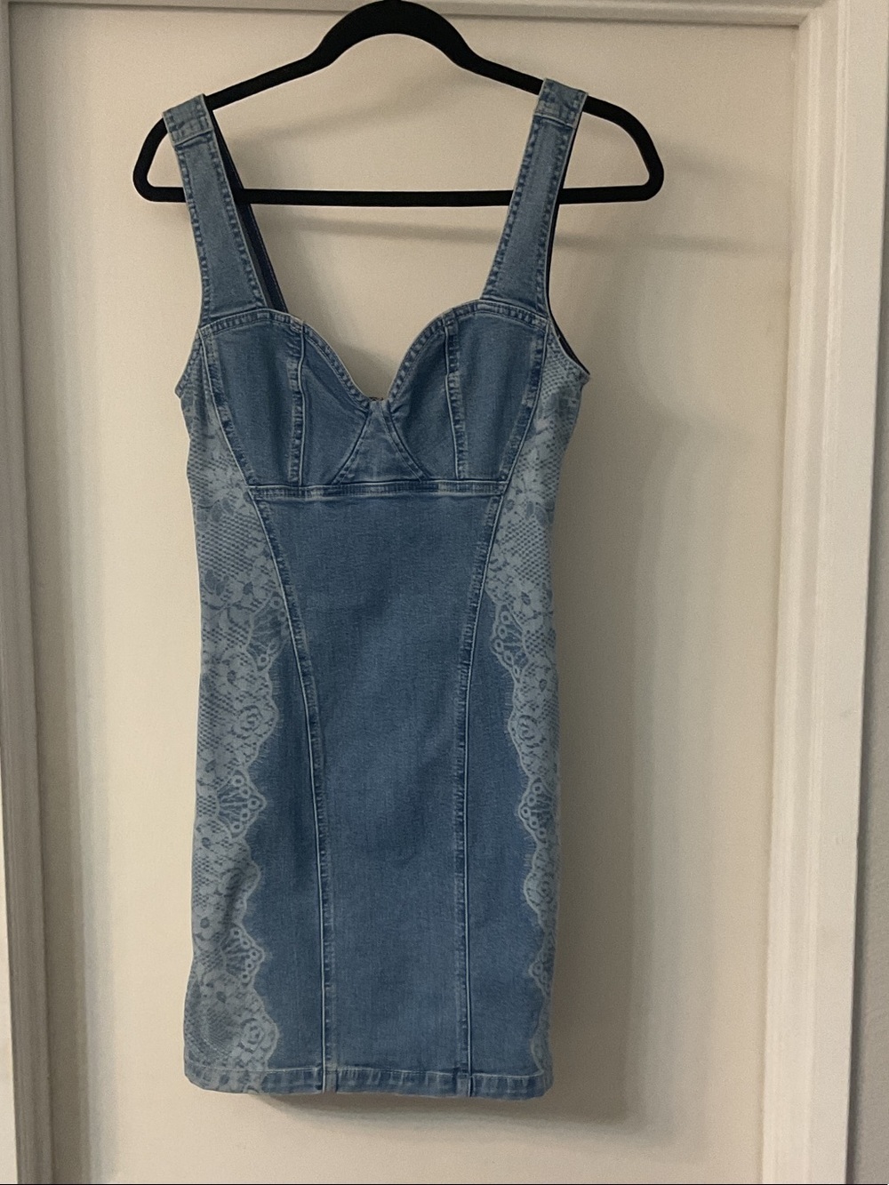 Guess Blue Denim Mini Dress with Lace-Effect Panels